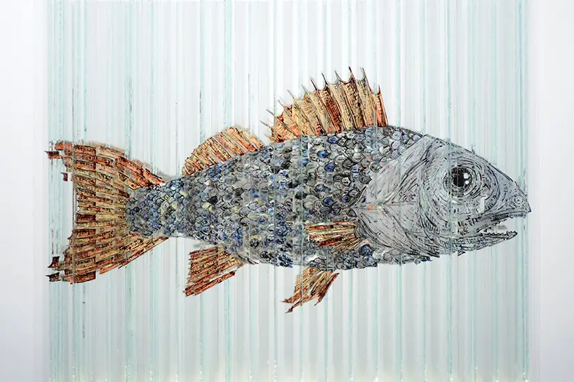 Side with fish from glass cube with four anamorphic paintings