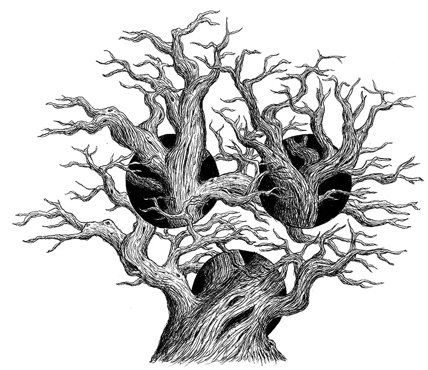 Ballpoint pen drawing with optical illusion showing a tree growing through three holes