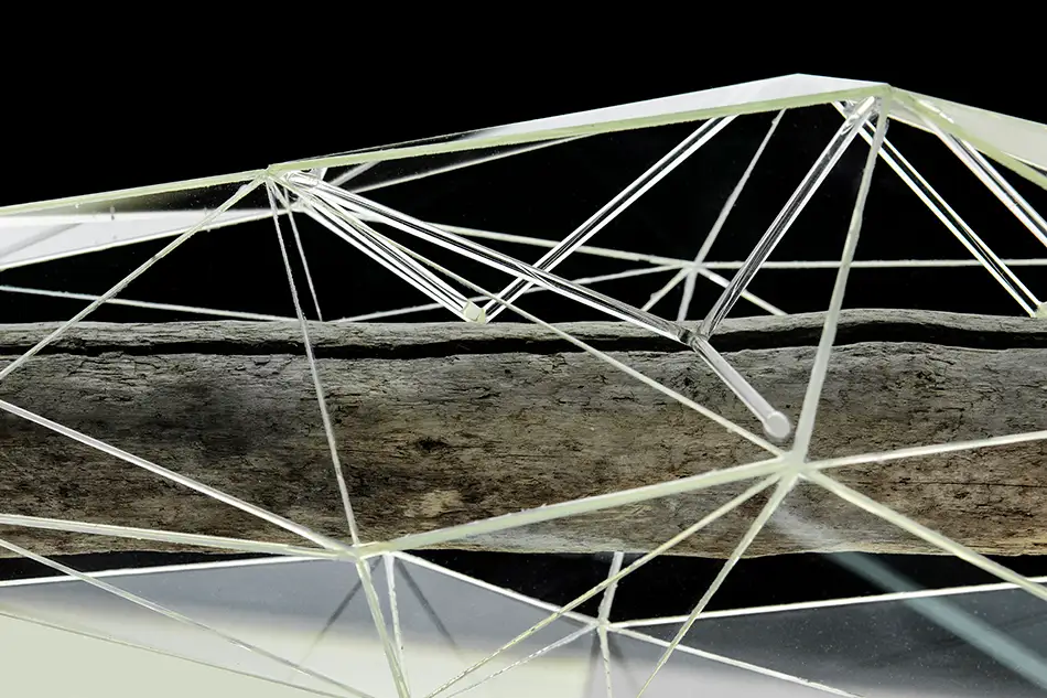 Detail of Crystalis artwork consisting of a piece of driftwood enclosed in a geometric glass construction