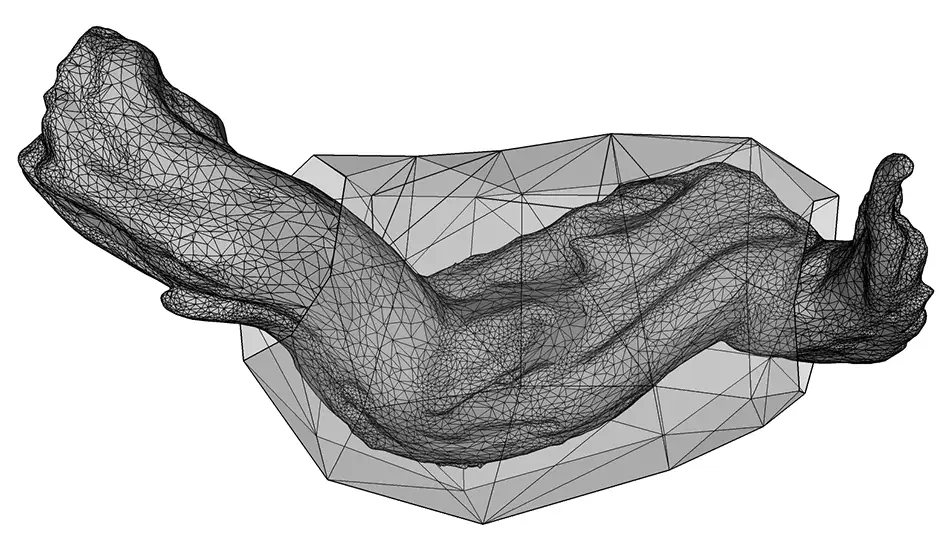 Digital and technical drawing of Crystalis artwork consisting of a piece of driftwood enclosed in a geometric glass construction