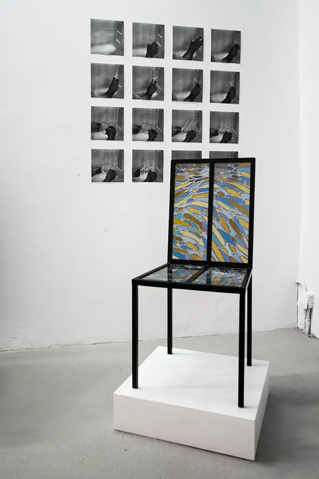 Chair art object made from traditional lead glazing technique exhibition view
