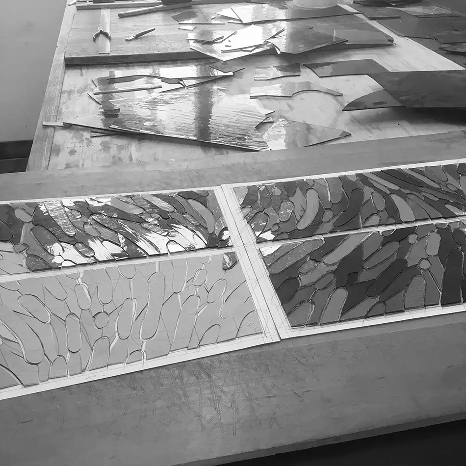Chair art object made from traditional lead glazing technique in the workshop