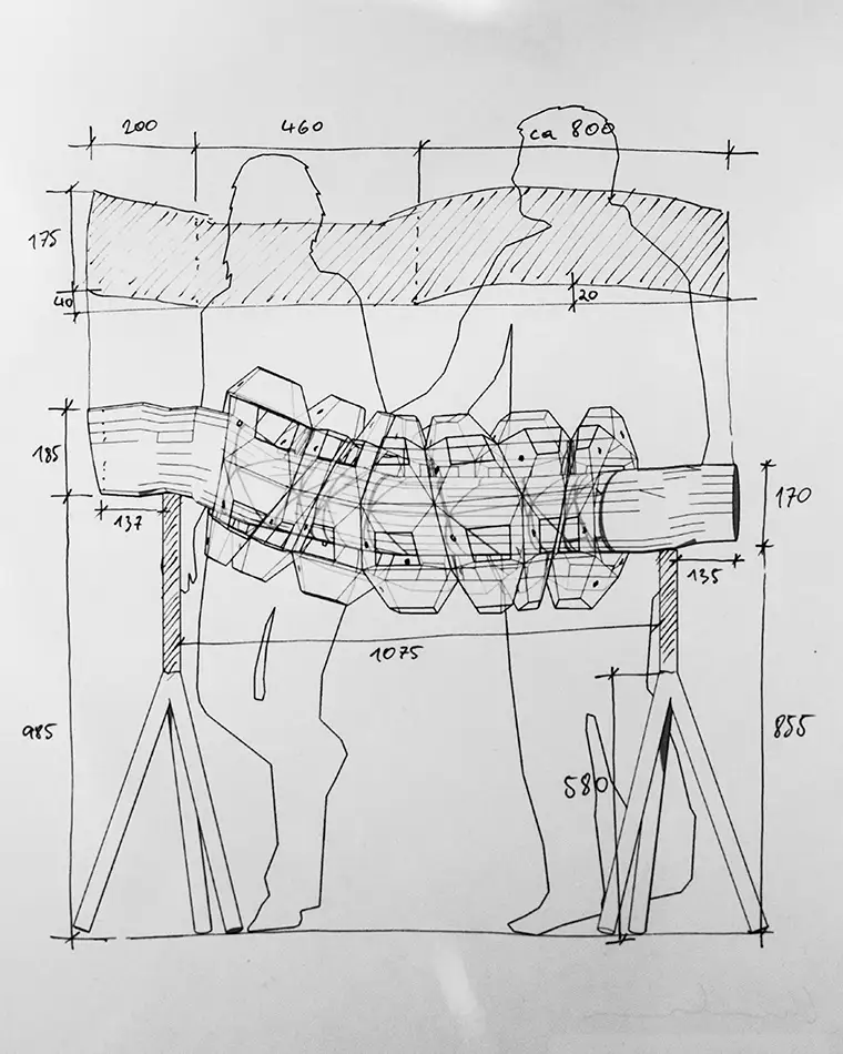 geometric glass artwork that encapsulates a piece of driftwood technical drawing