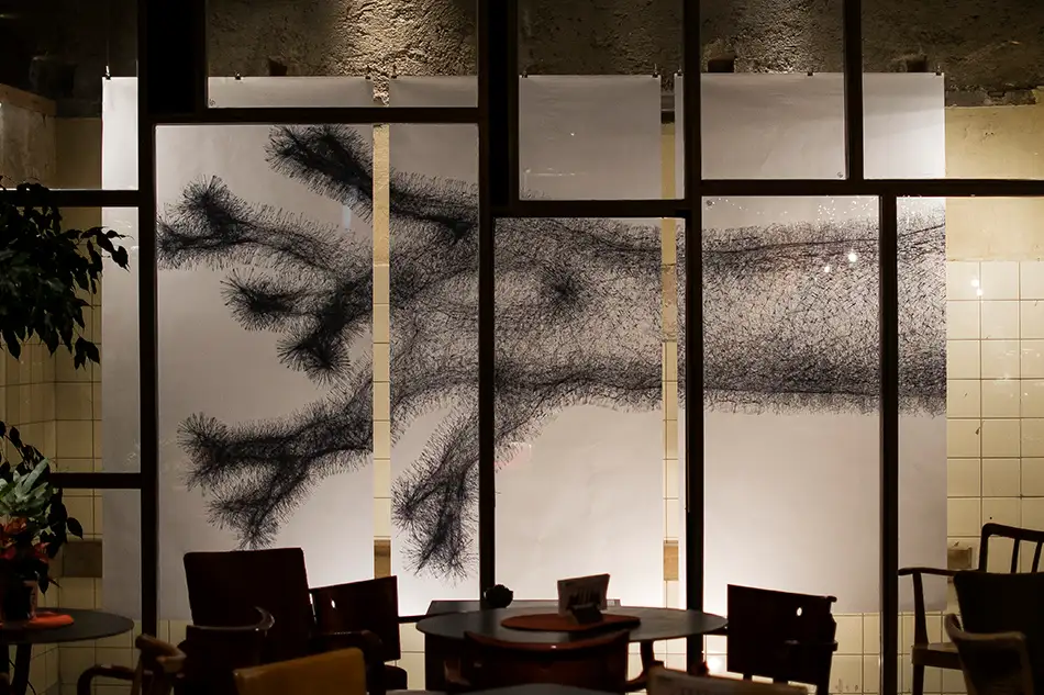 vector drawing of a dead tree on paper exhibited at Bäckerei Kulturbackstube Innsbruck