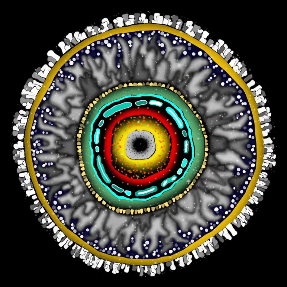 Digitally animated part of a detailed painted lead glazing reminiscent of a gigantic fluorescent cell