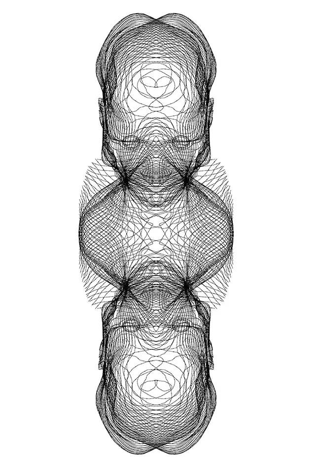 vector drawing for an artwork made of concrete, mirror and digital print which is reminiscent of a table on which a geometric concrete element stands in the centre of which a mirror is fixed.