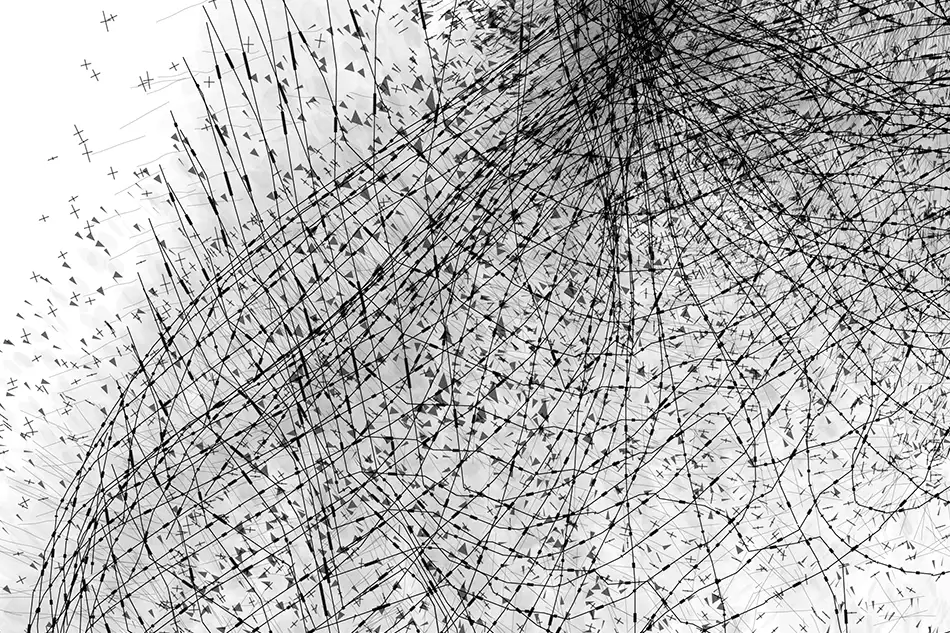 Detail of a vector drawing in an artwork made of concrete, mirror and digital print which is reminiscent of a table on which a geometric concrete element stands in the centre of which a mirror is fixed.