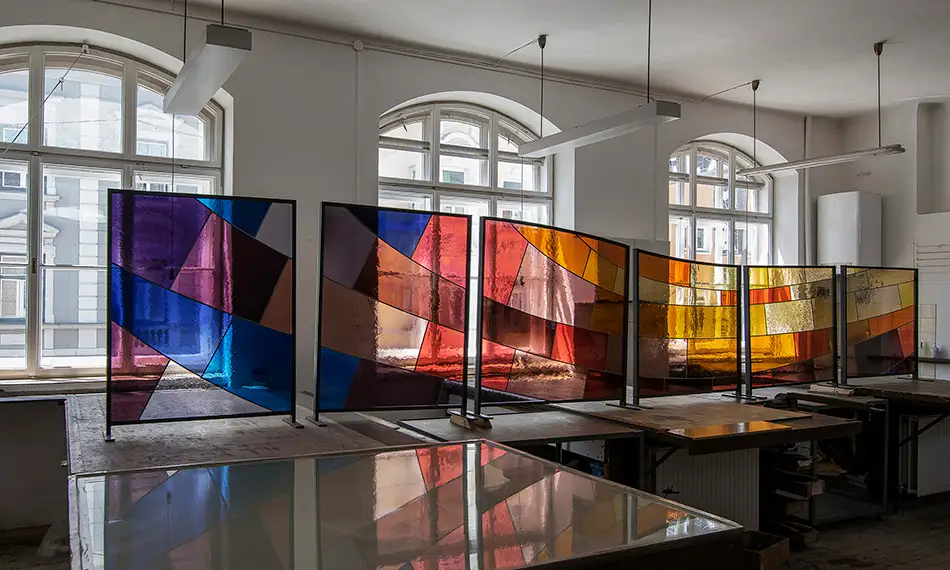 Colourful stained glass as a privacy screen for a care home