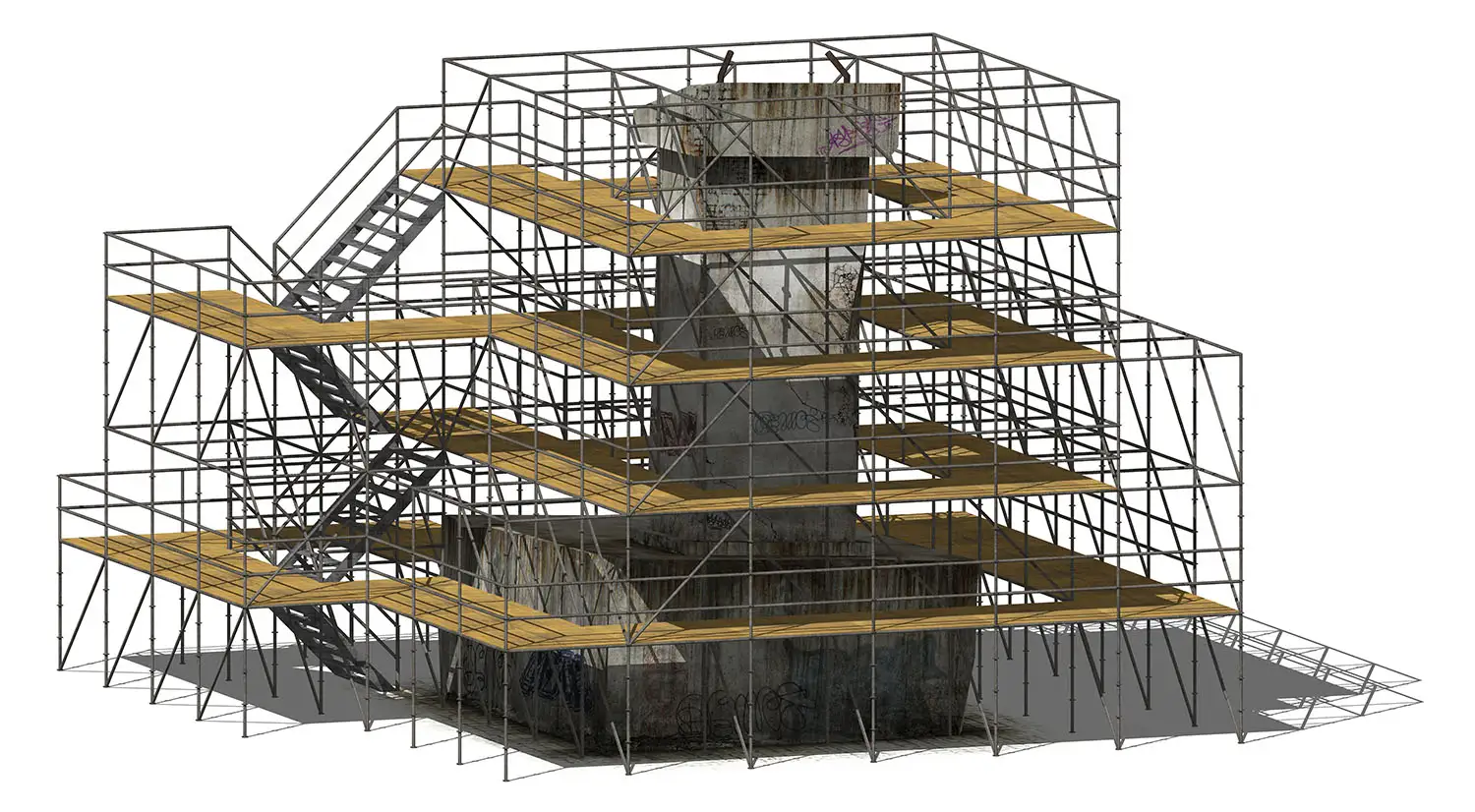 Dilapidated concrete lectern in a scaffolding structure as art in public space