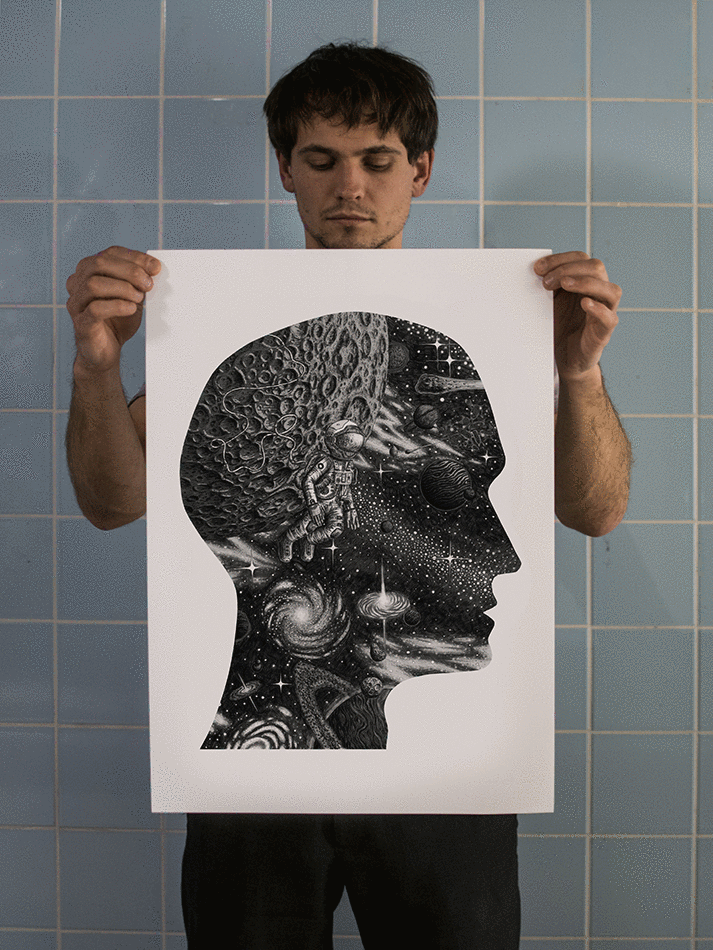Anamorphic artwork - darwings of head profiles with an astronaut and a diver in it