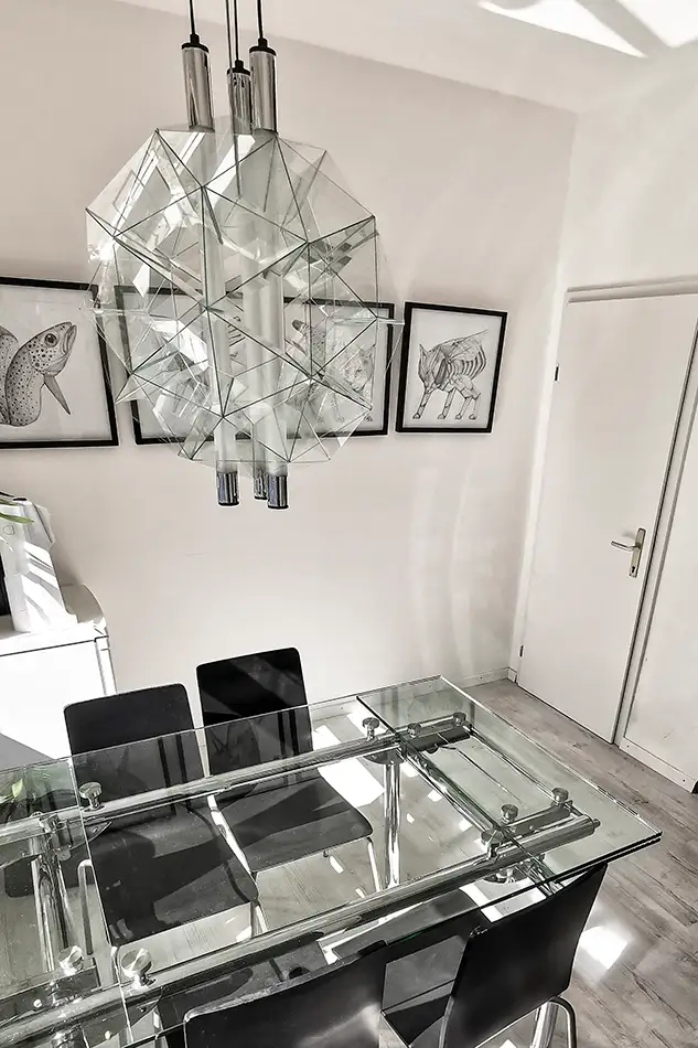 spherical glass sculpture that is geometrically based on the geodesic dome - used as a lampshade