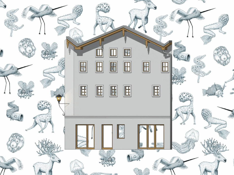 Animated illustration with fantastic animals that open and close their eyes - illustration for The Salt Hotel in Hallein