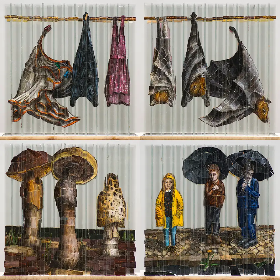Anamorphic glass art with four fragmented images - the four images