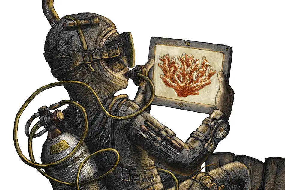 Black Smoker - Digital illustration of a diver with a smoking snorkel looking at a coral on a tablet - close up