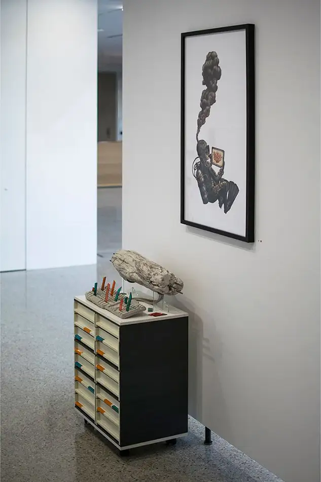 Black Smoker - Digital illustration of a diver with a smoking snorkel looking at a coral on a tablet - exhibition view at the solo exhibition Below the Surface Is Another Surface, Galerie Platform 6020, Innsbruck, 2023