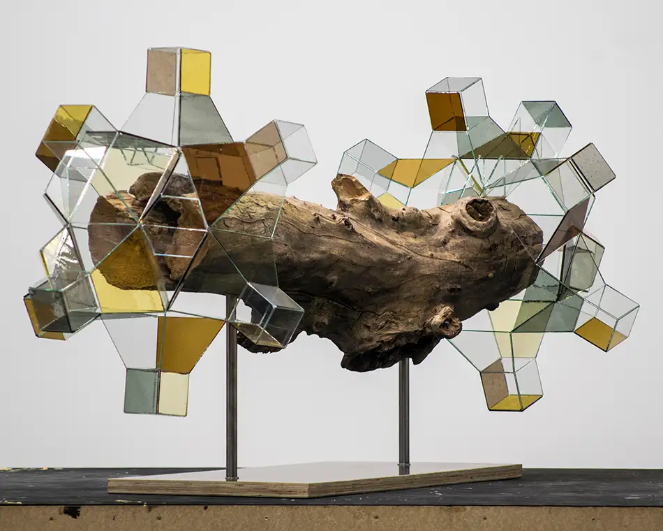Crystalis V - geometric glass artwork on a piece of driftwood - full view