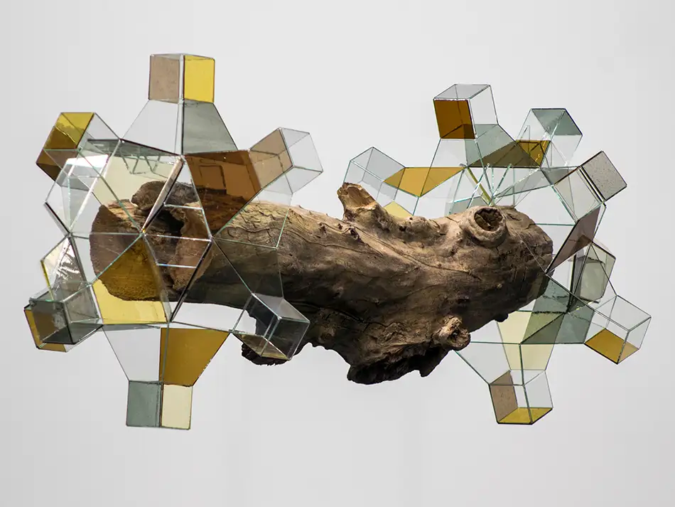 Crystalis V - geometric glass artwork on a piece of driftwood - without base