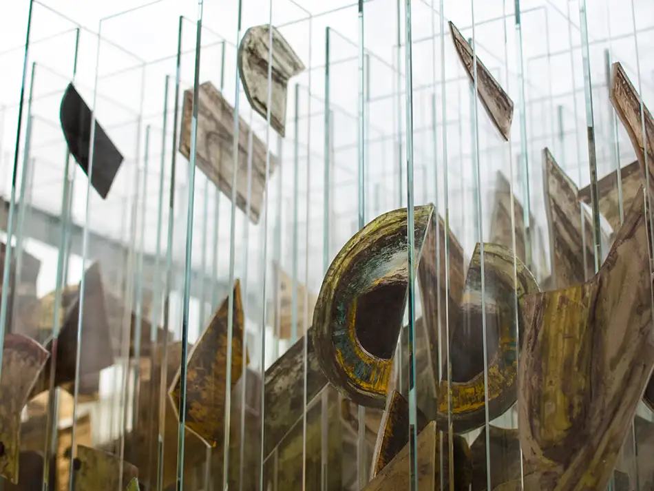 Human Animal Binary - anamorphic stained glass ecological art installation - cloes up fish eye
