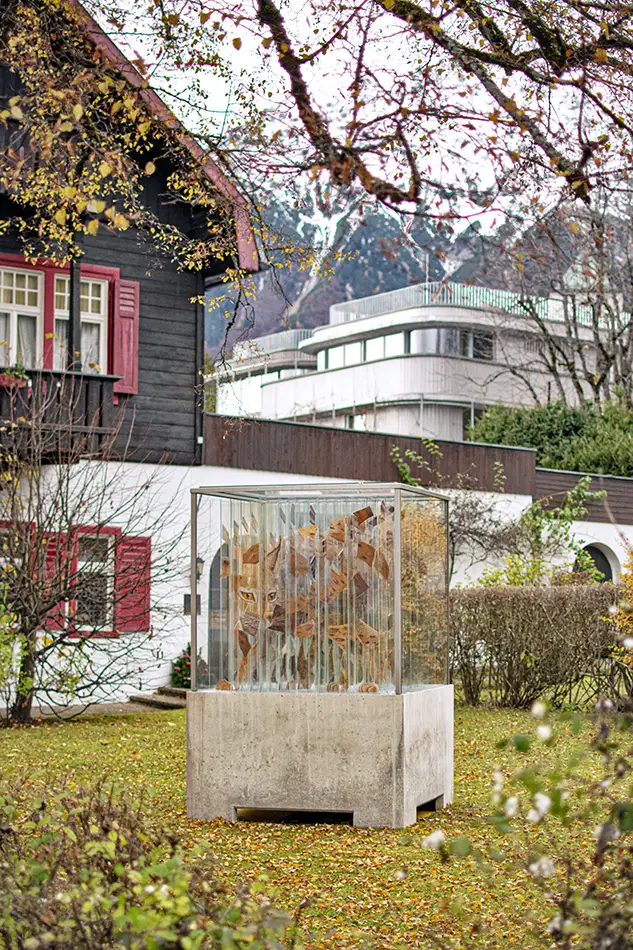 Human Animal Binary - anamorphic stained glass ecological art installation - exposition at hungerburg innsbruck
