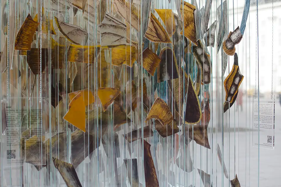 Human Animal Binary - anamorphic stained glass ecological art installation - close up bee
