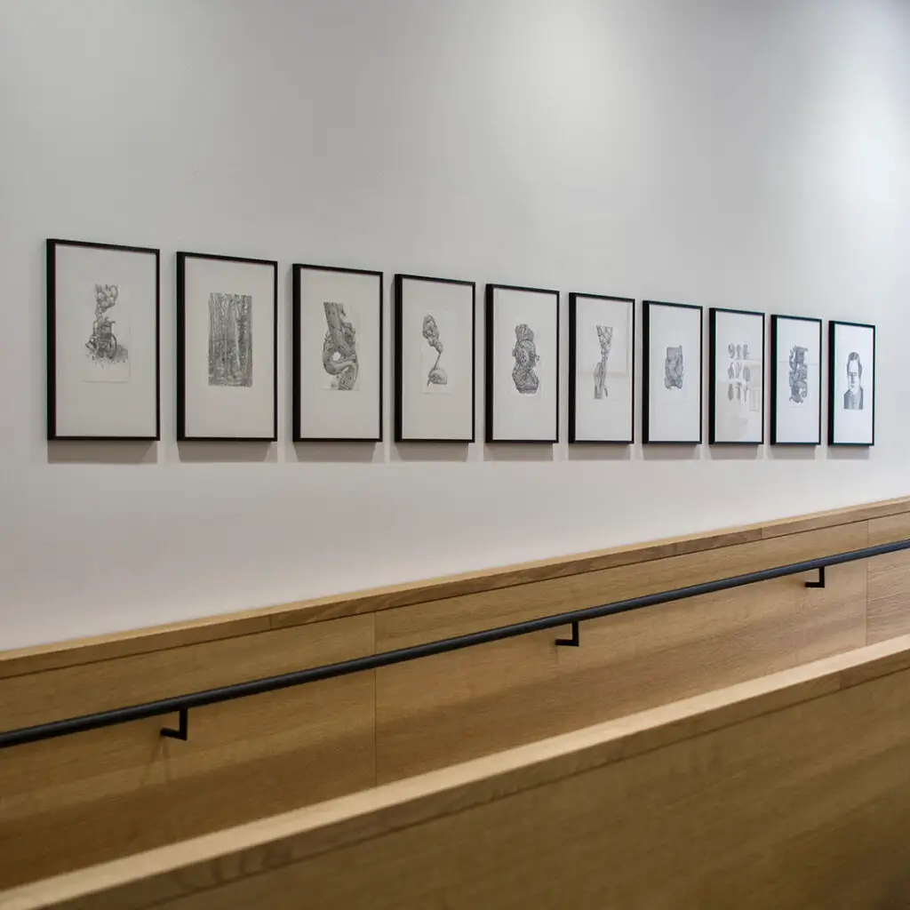 Polytrauma - series of pencil drawings in sketch book - exhibition view of the drawings