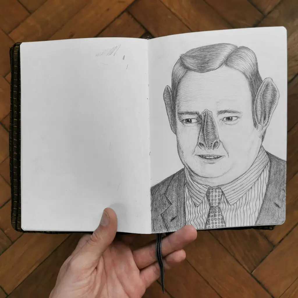 Polytrauma - series of pencil drawings in sketch book - Portrait of person with bat ears and bat nose - sketchbook held in hand