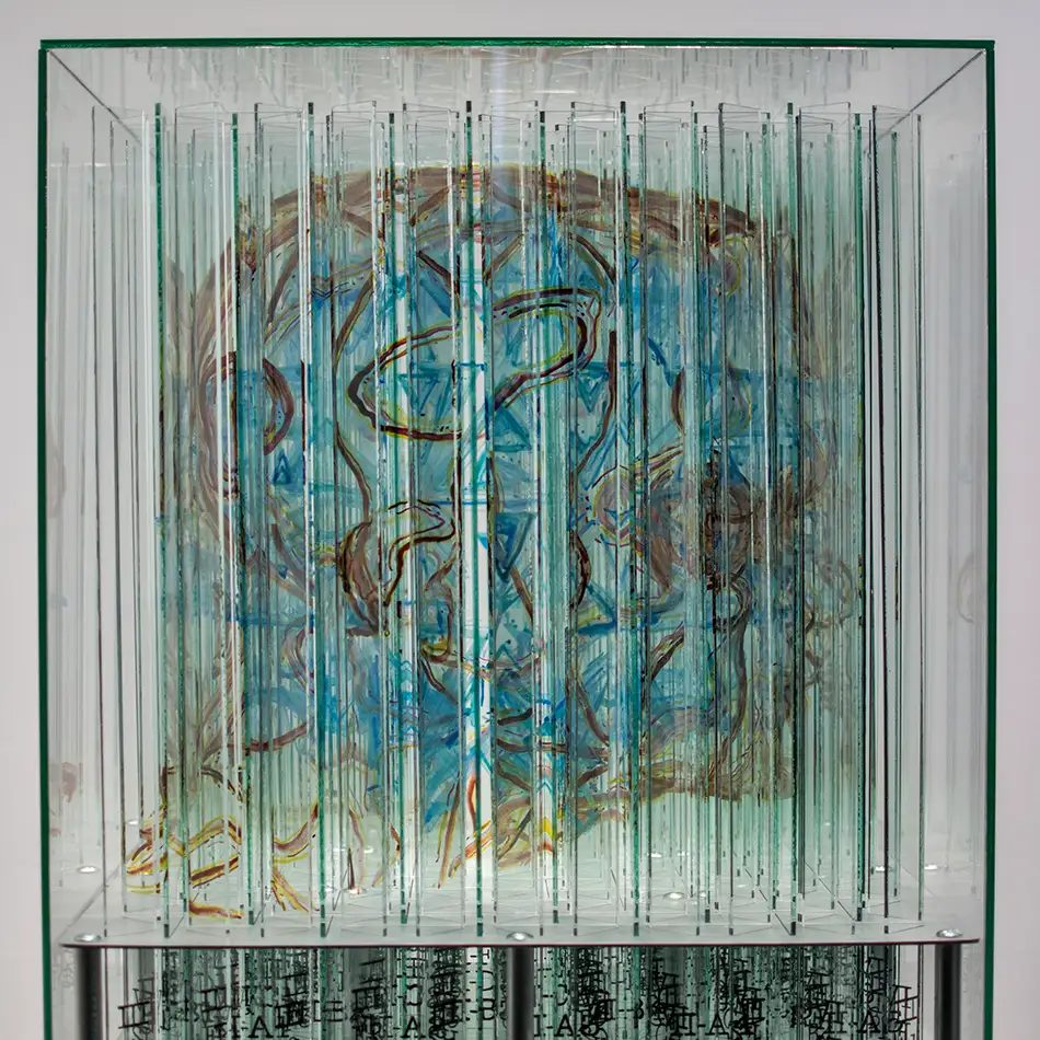 Below The Surface Is Another Surface - glass art installation - side view head
