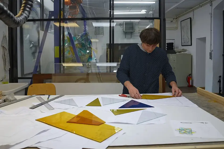 polyhedra - dodecahedron glass art object - manufacturing in the workshop